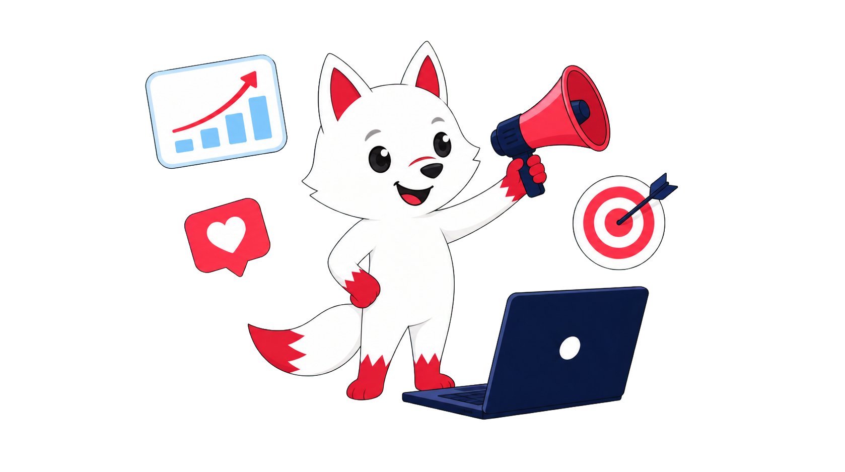 Mascote oficial da Divulga Promo com megafone, gráficos e notebook